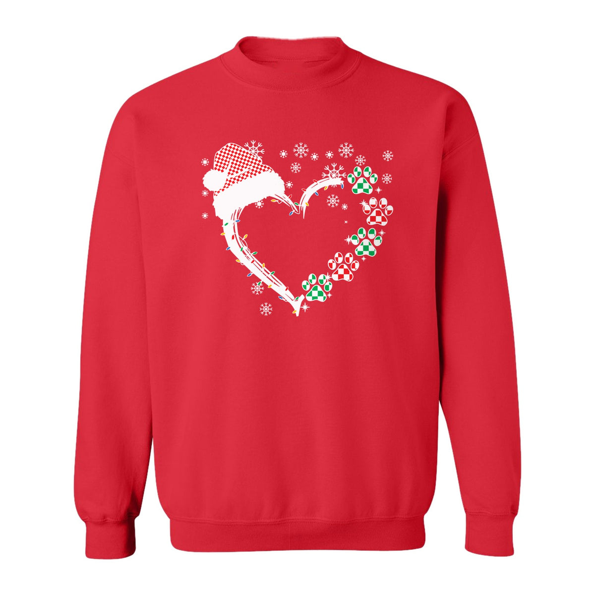 Christmas Dog Paw Heart Sweatshirt, Santa Hat and Light String Design for Pet Lovers