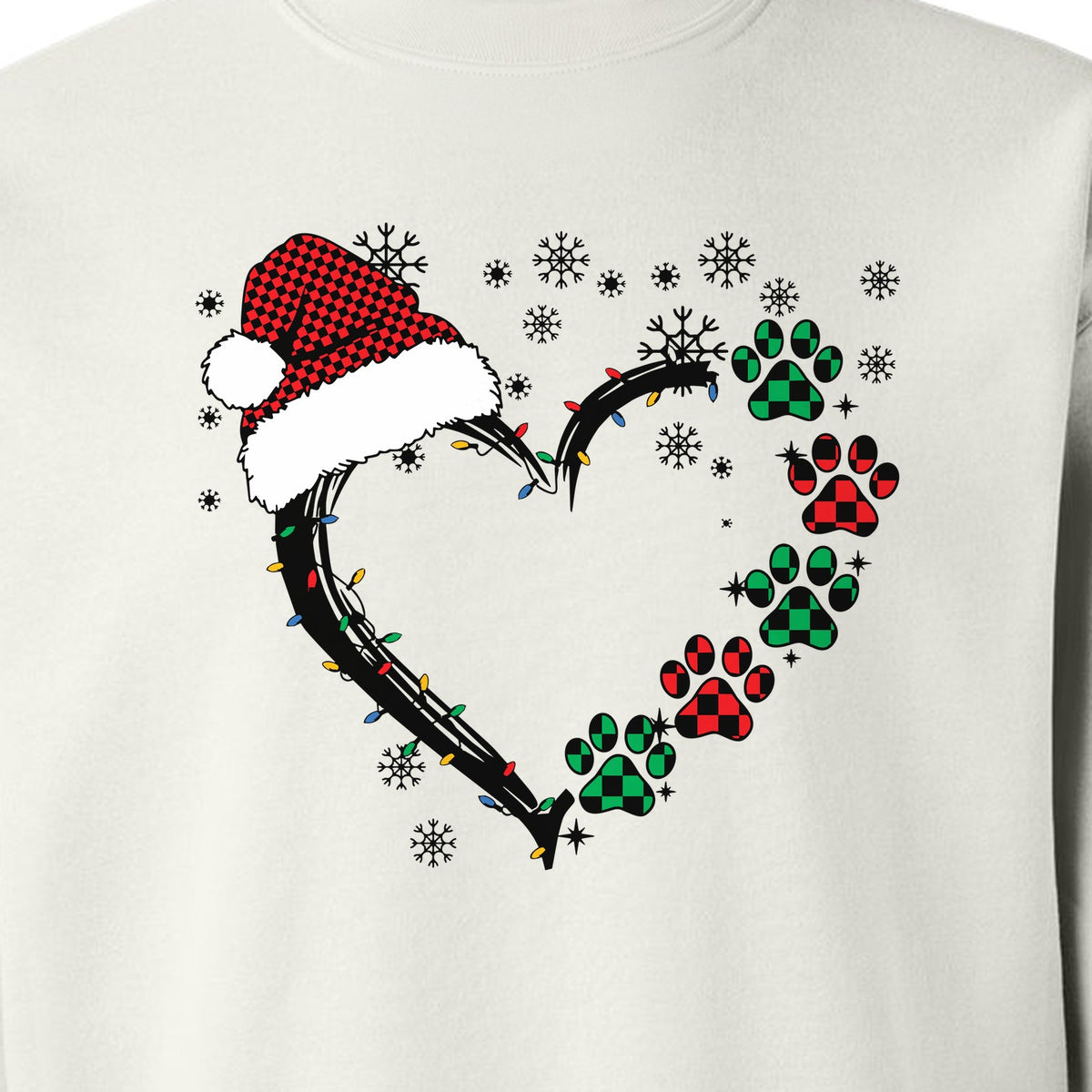 Christmas Dog Paw Heart Sweatshirt, Santa Hat and Light String Design for Pet Lovers