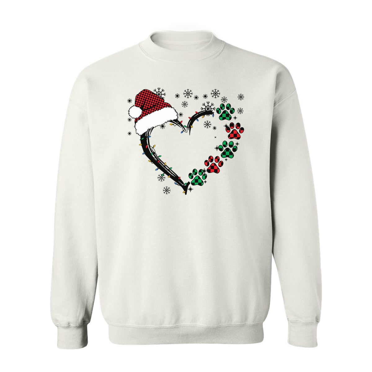 Christmas Dog Paw Heart Sweatshirt, Santa Hat and Light String Design for Pet Lovers