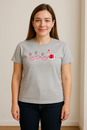 Flamingo Christmas T-Shirt, Santa Hat Tropical Holiday Party Design for Adults