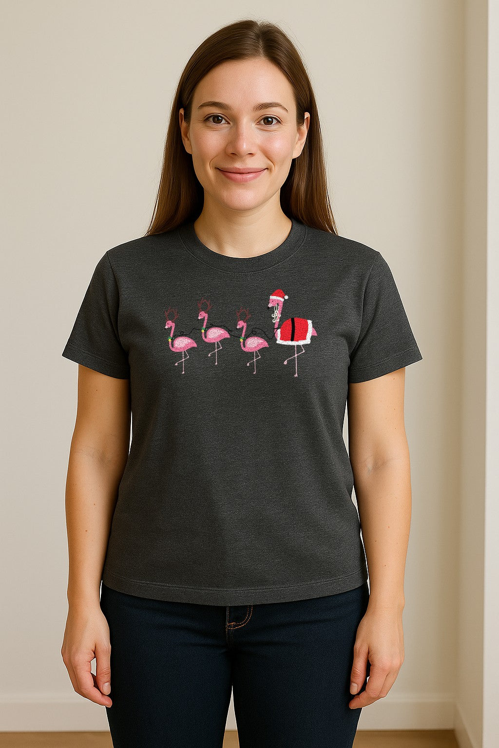 Flamingo Christmas T-Shirt, Santa Hat Tropical Holiday Party Design for Adults