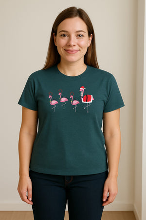 Flamingo Christmas T-Shirt, Santa Hat Tropical Holiday Party Design for Adults