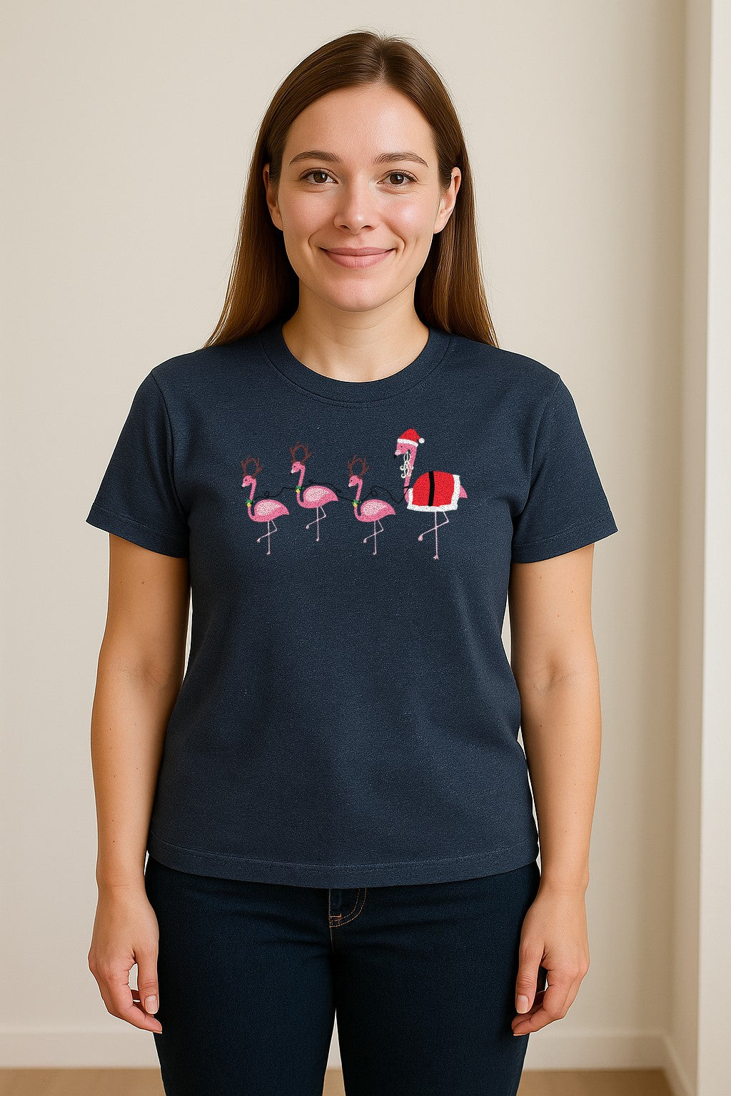 Flamingo Christmas T-Shirt, Santa Hat Tropical Holiday Party Design for Adults