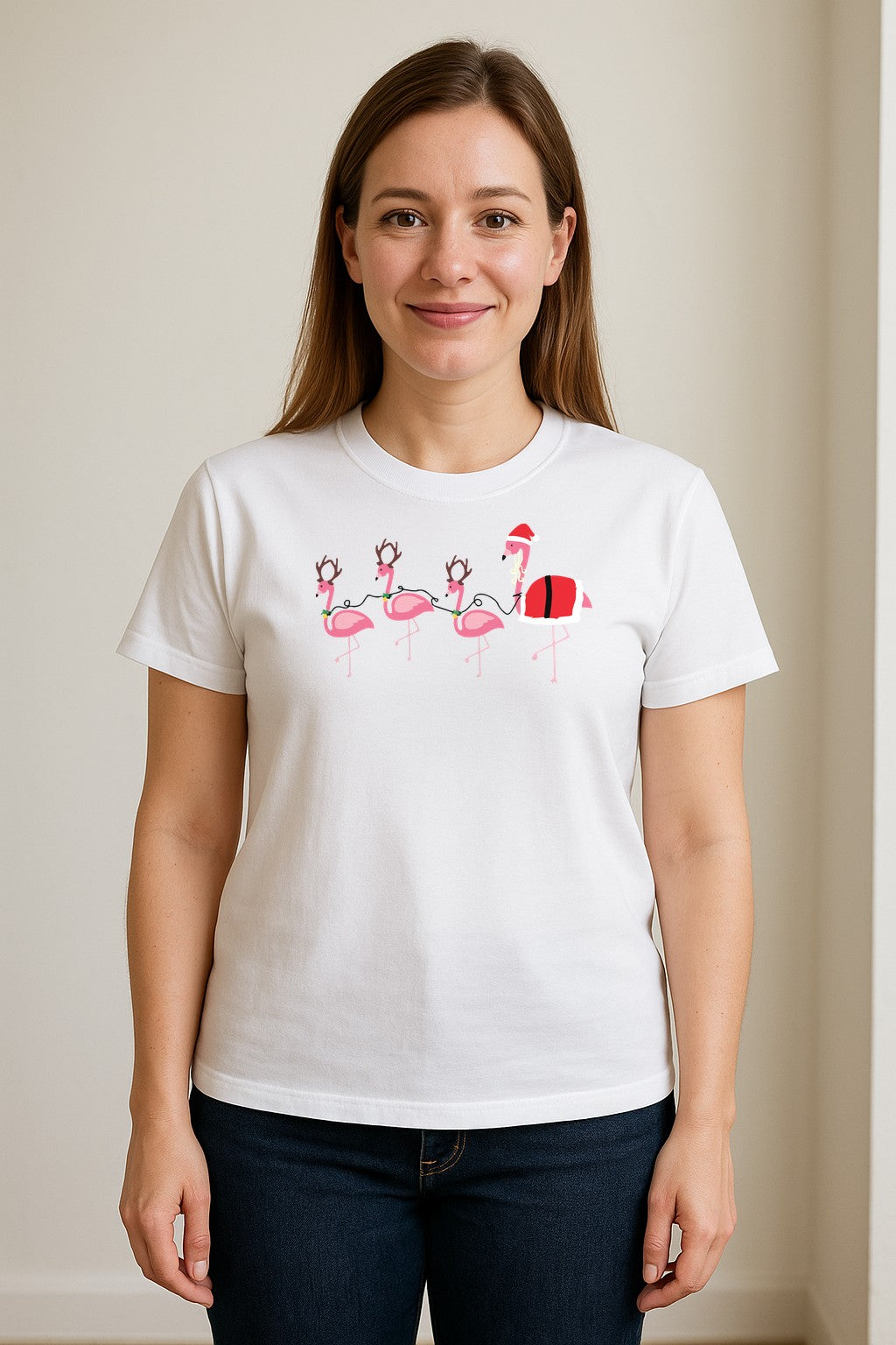 Flamingo Christmas T-Shirt, Santa Hat Tropical Holiday Party Design for Adults