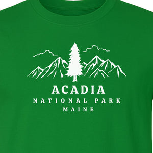 Acadia National Park T-Shirt, Mountain and Tree Graphic for Maine Hiking and Camping Trips