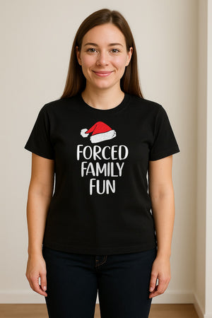 Forced Family Fun Christmas T-Shirt, Santa Hat Graphic for Holiday Gatherings