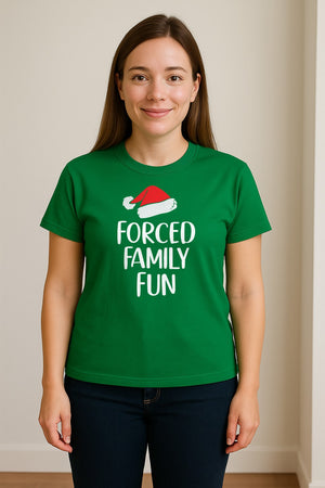Forced Family Fun Christmas T-Shirt, Santa Hat Graphic for Holiday Gatherings