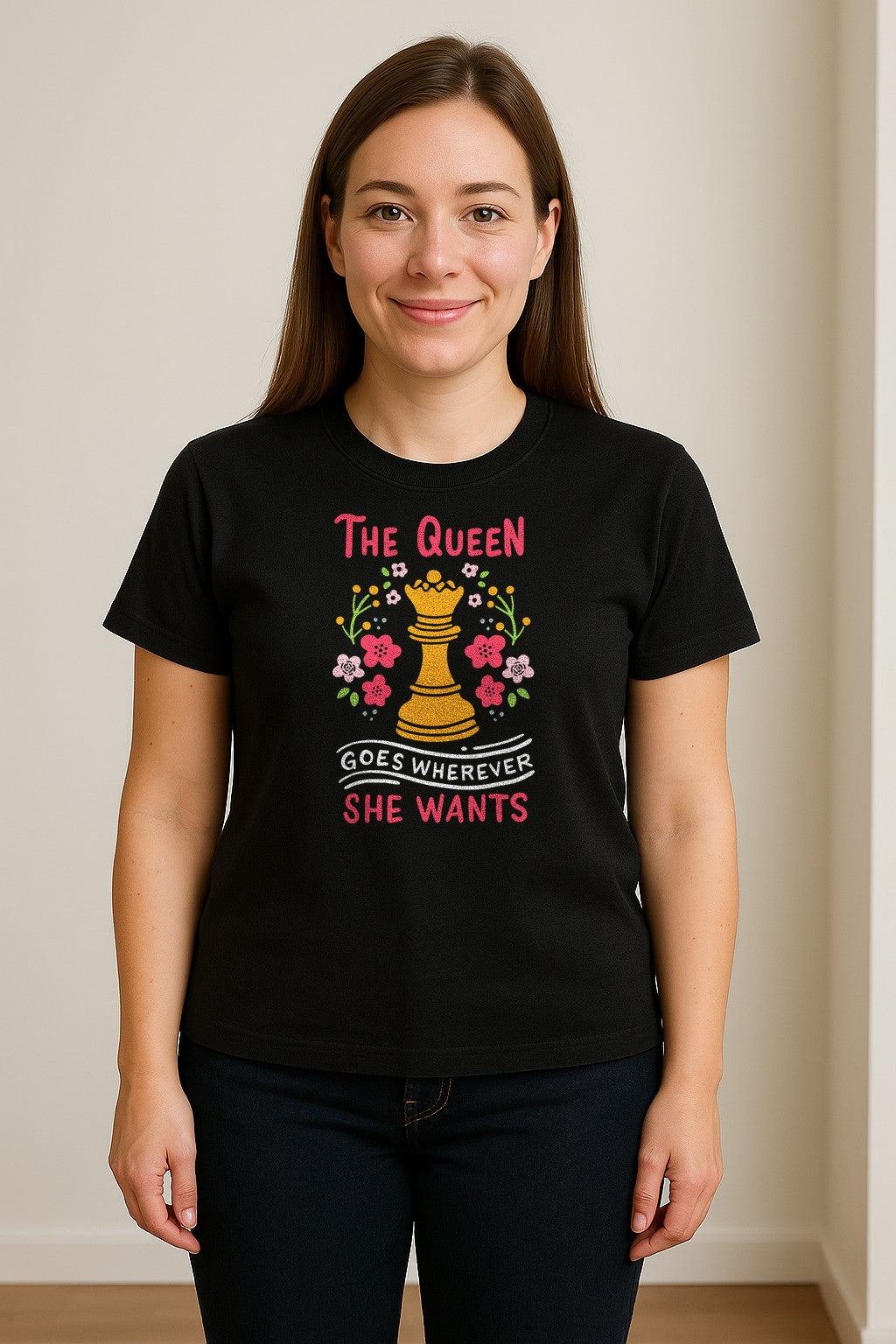 Chess T-Shirt, The Queen Goes Wherever She Wants Floral Design for Women Players and Board Game Fans