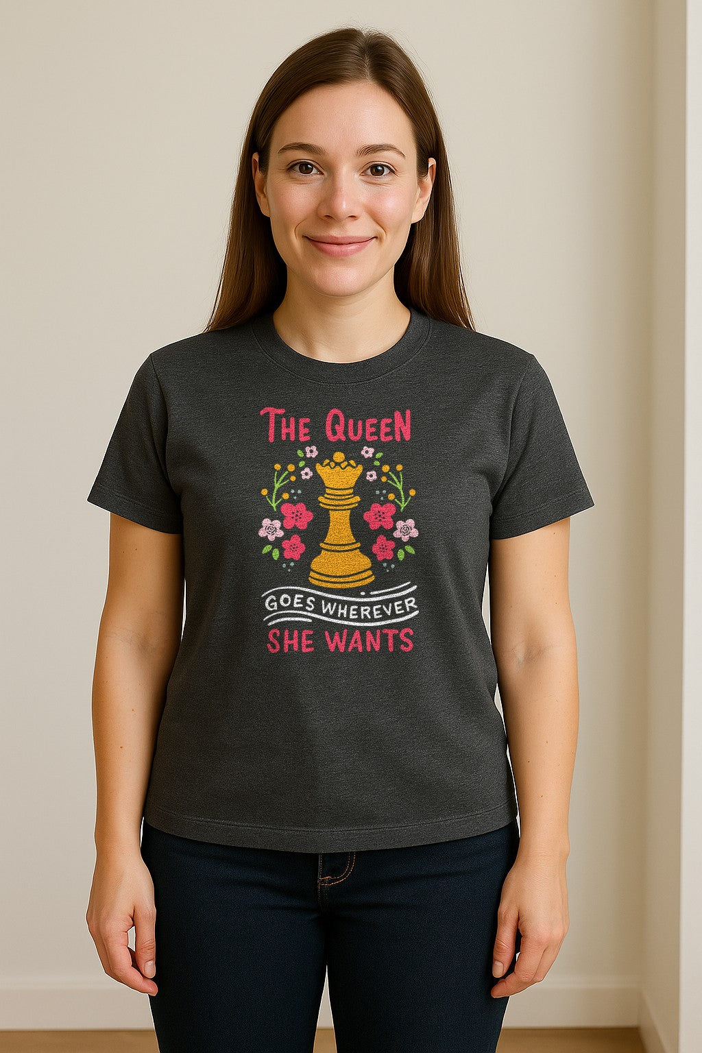 Chess T-Shirt, The Queen Goes Wherever She Wants Floral Design for Women Players and Board Game Fans