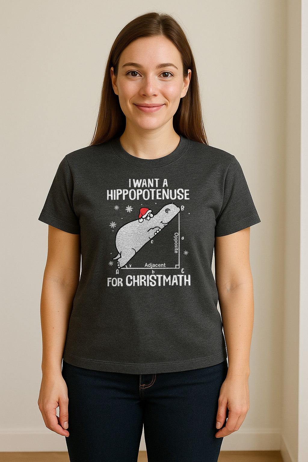 Hippopotenuse Christmas T-Shirt, Funny Math Hippo in Santa Hat for Teachers and Geometry Fans