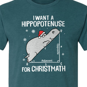 Hippopotenuse Christmas T-Shirt, Funny Math Hippo in Santa Hat for Teachers and Geometry Fans