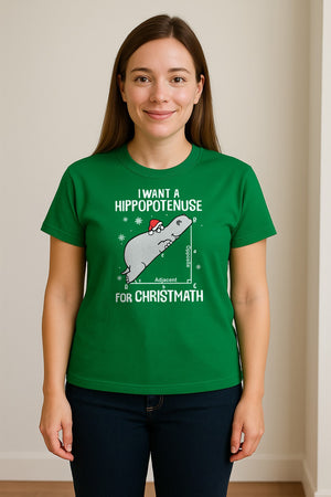 Hippopotenuse Christmas T-Shirt, Funny Math Hippo in Santa Hat for Teachers and Geometry Fans