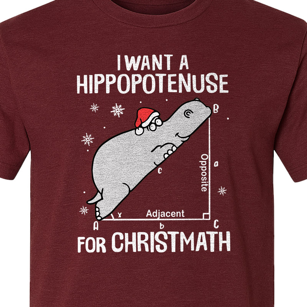 Hippopotenuse Christmas T-Shirt, Funny Math Hippo in Santa Hat for Teachers and Geometry Fans