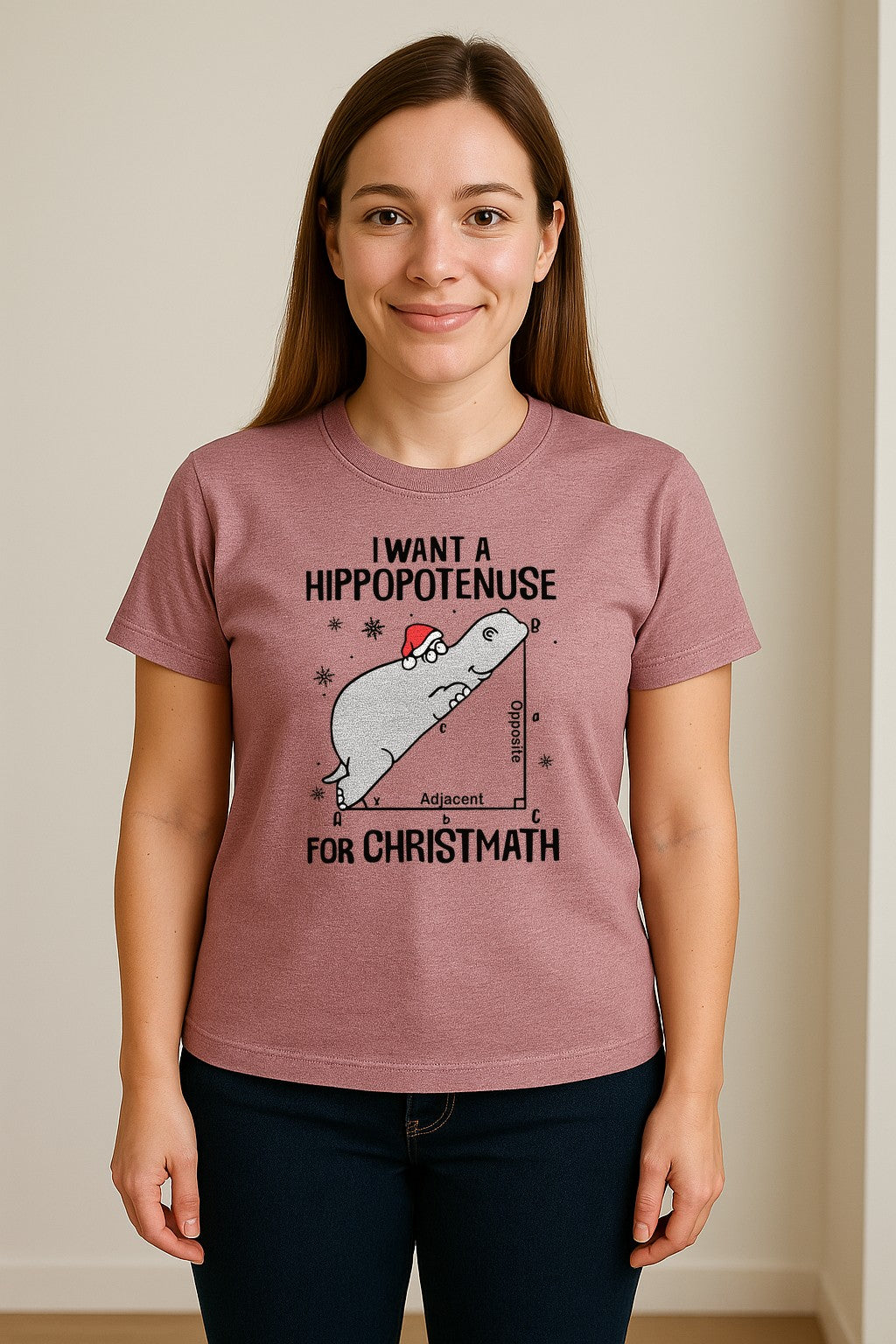Hippopotenuse Christmas T-Shirt, Funny Math Hippo in Santa Hat for Teachers and Geometry Fans