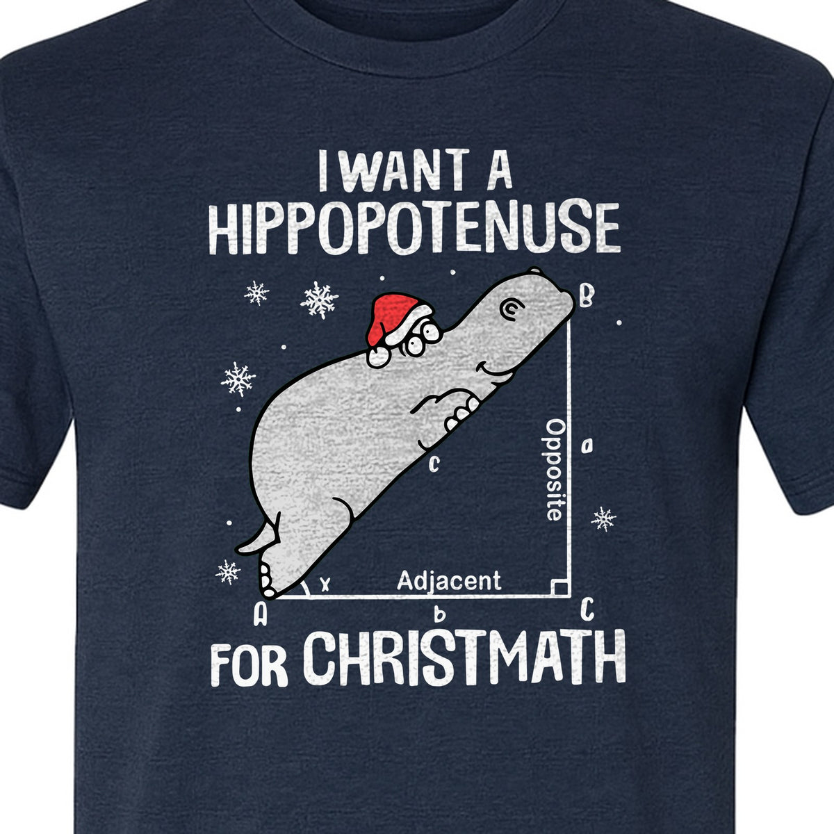 Hippopotenuse Christmas T-Shirt, Funny Math Hippo in Santa Hat for Teachers and Geometry Fans