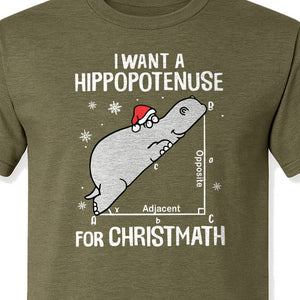 Hippopotenuse Christmas T-Shirt, Funny Math Hippo in Santa Hat for Teachers and Geometry Fans
