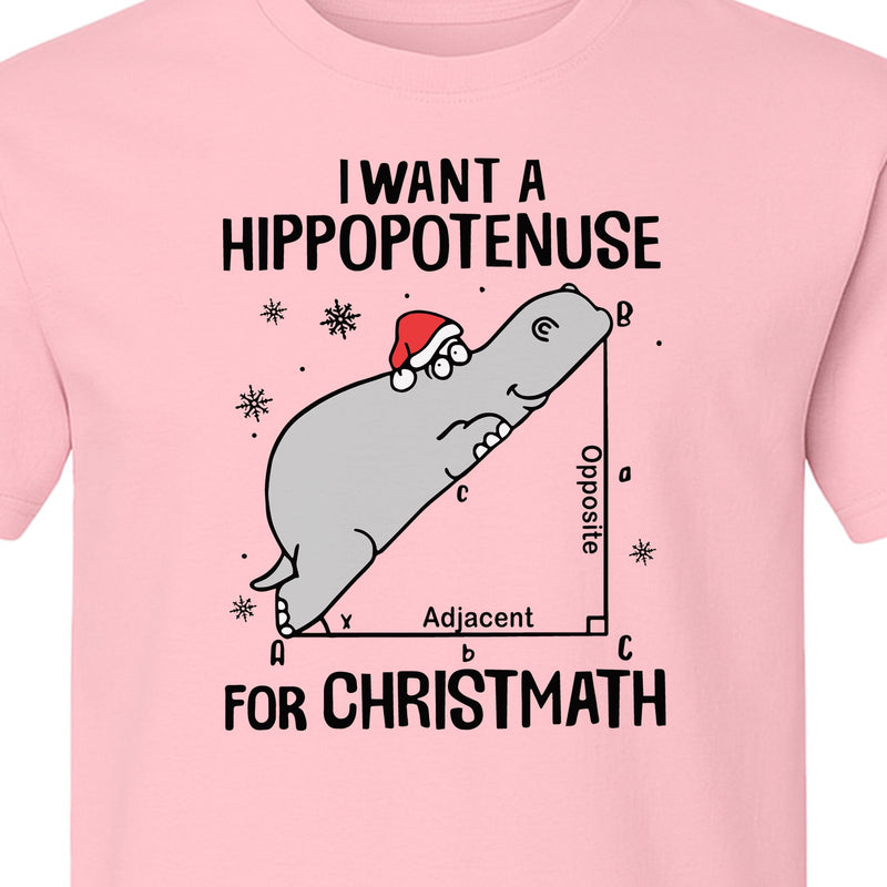 Hippopotenuse Christmas T-Shirt, Funny Math Hippo in Santa Hat for Teachers and Geometry Fans