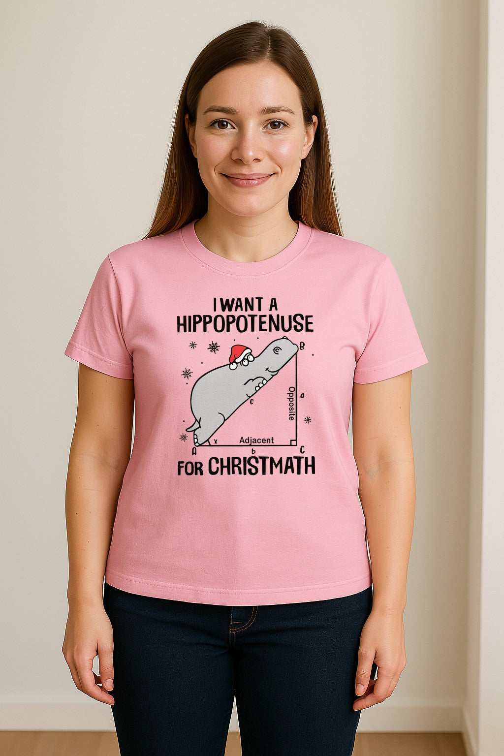 Hippopotenuse Christmas T-Shirt, Funny Math Hippo in Santa Hat for Teachers and Geometry Fans