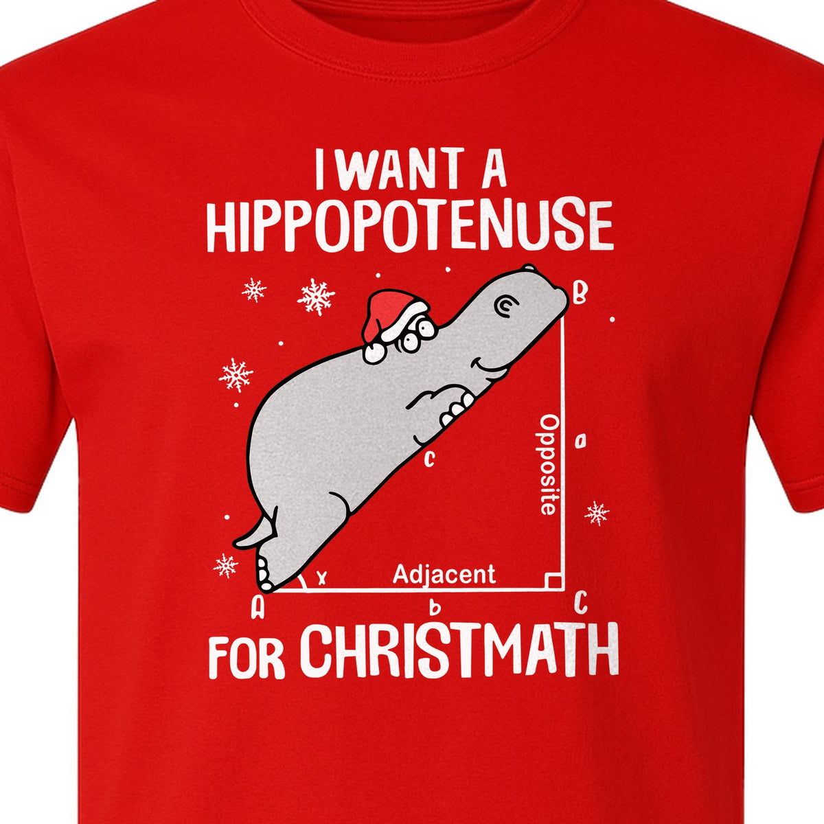 Hippopotenuse Christmas T-Shirt, Funny Math Hippo in Santa Hat for Teachers and Geometry Fans