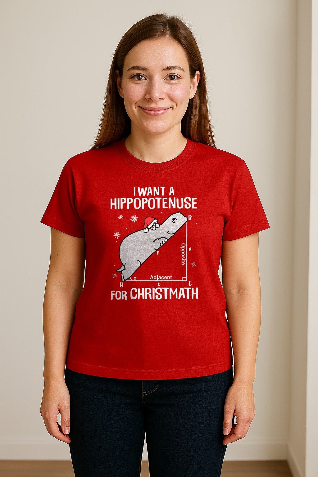 Hippopotenuse Christmas T-Shirt, Funny Math Hippo in Santa Hat for Teachers and Geometry Fans