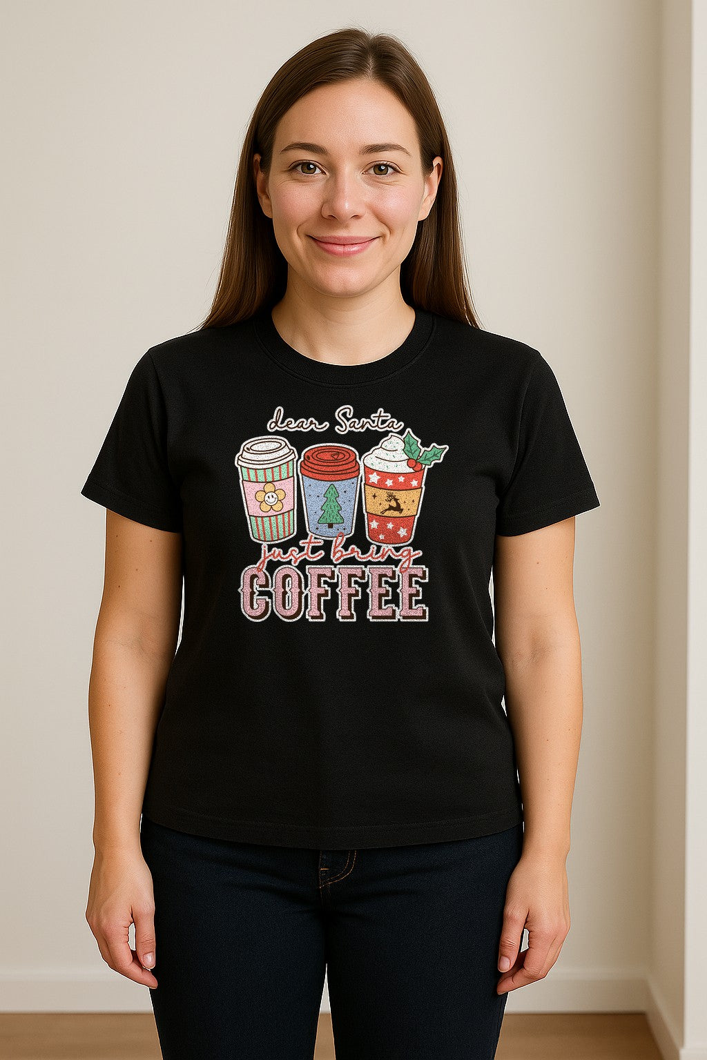 Dear Santa Just Bring Coffee T-Shirt, Christmas Holiday Graphic for Caffeine Lovers