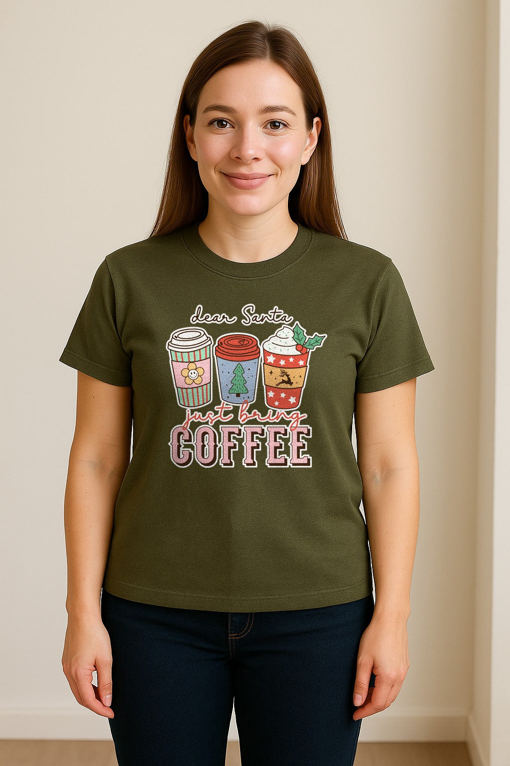 Dear Santa Just Bring Coffee T-Shirt, Christmas Holiday Graphic for Caffeine Lovers