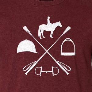 Equestrian T-Shirt, Crossed Riding Crop Horse and Tack Graphic for Horseback Riders