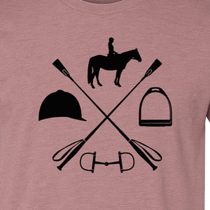 Equestrian T-Shirt, Crossed Riding Crop Horse and Tack Graphic for Horseback Riders