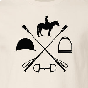 Equestrian T-Shirt, Crossed Riding Crop Horse and Tack Graphic for Horseback Riders