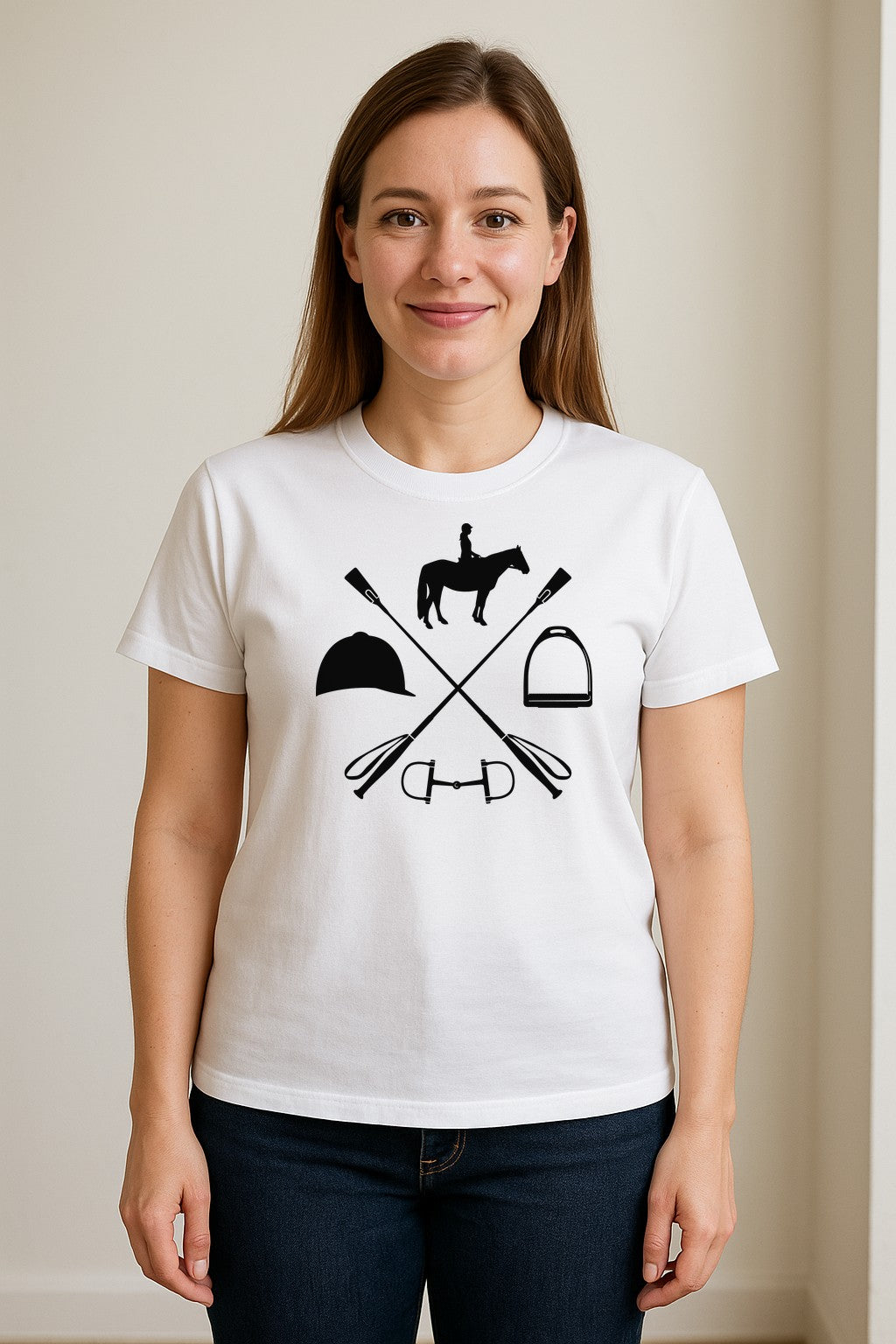 Equestrian T-Shirt, Crossed Riding Crop Horse and Tack Graphic for Horseback Riders