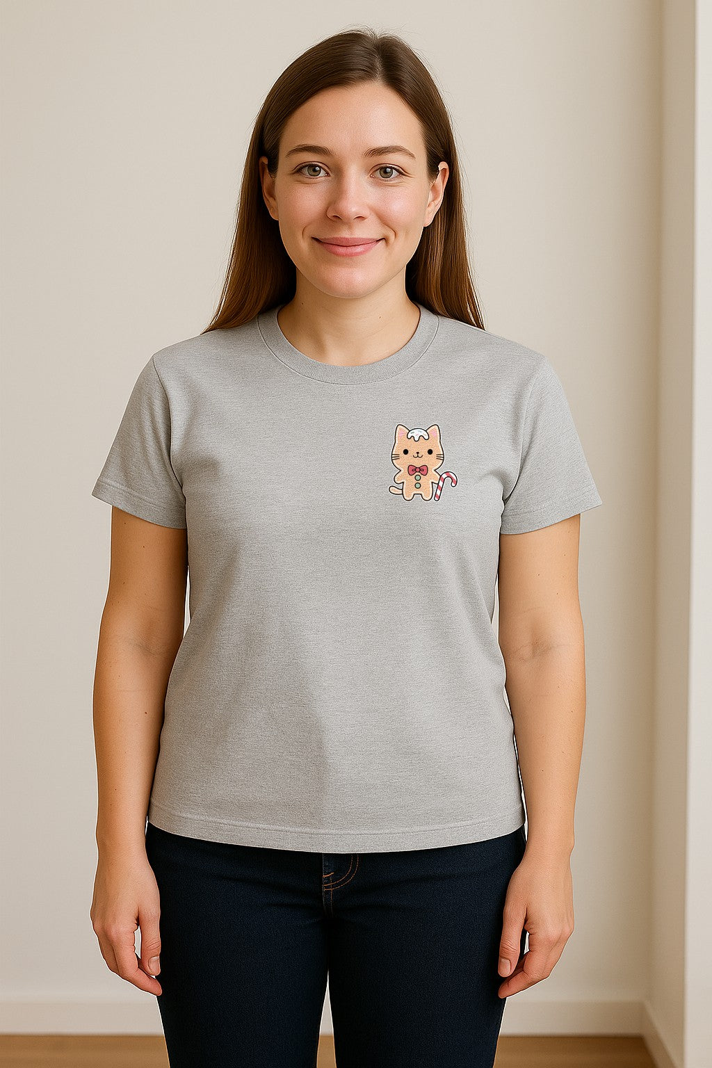 Gingerbread Cat T-Shirt, Kawaii Kitty Holiday Small Left Chest Graphic for Christmas Parties