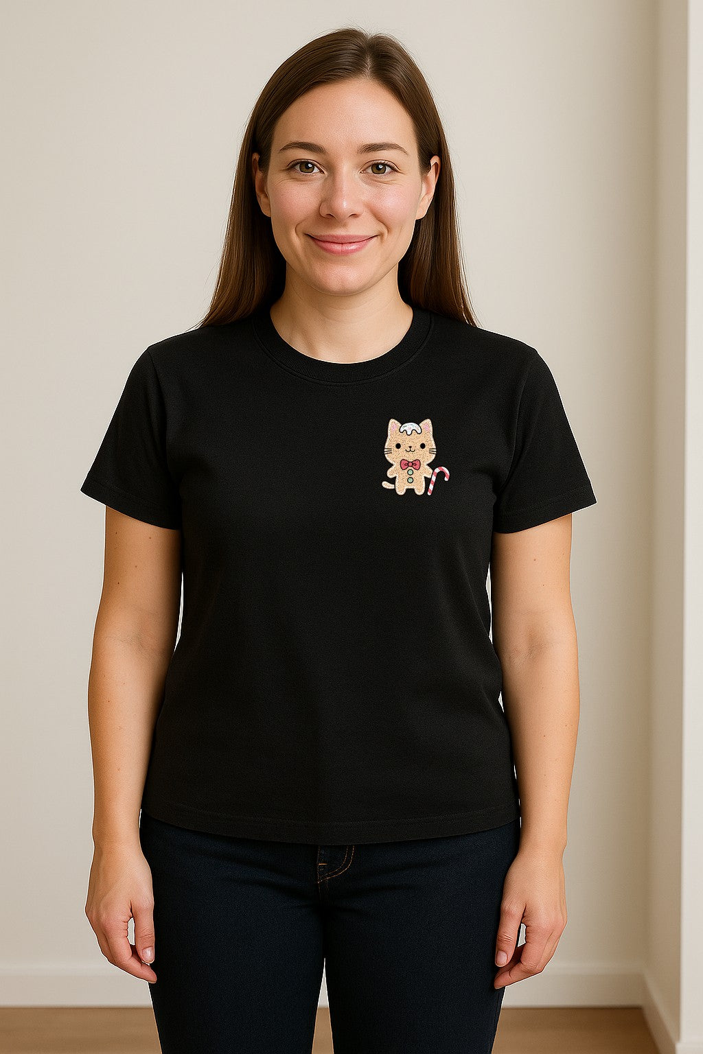 Gingerbread Cat T-Shirt, Kawaii Kitty Holiday Small Left Chest Graphic for Christmas Parties
