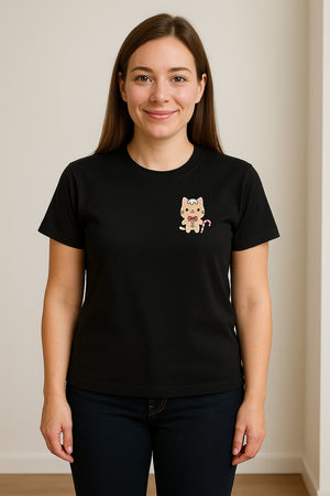 Gingerbread Cat T-Shirt, Kawaii Kitty Holiday Small Left Chest Graphic for Christmas Parties