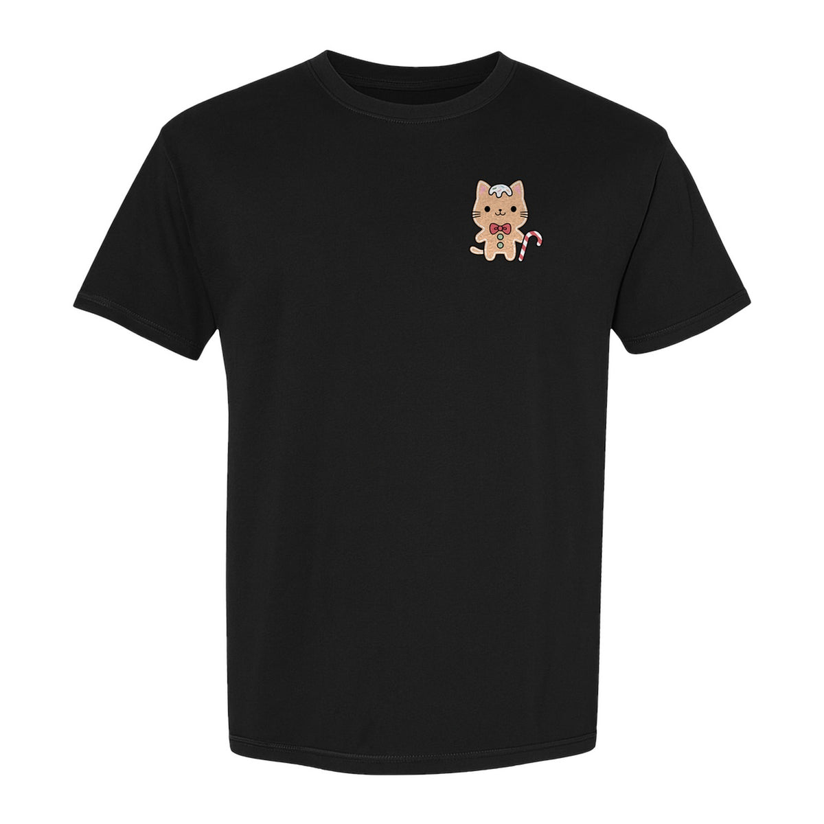 Gingerbread Cat T-Shirt, Kawaii Kitty Holiday Small Left Chest Graphic for Christmas Parties