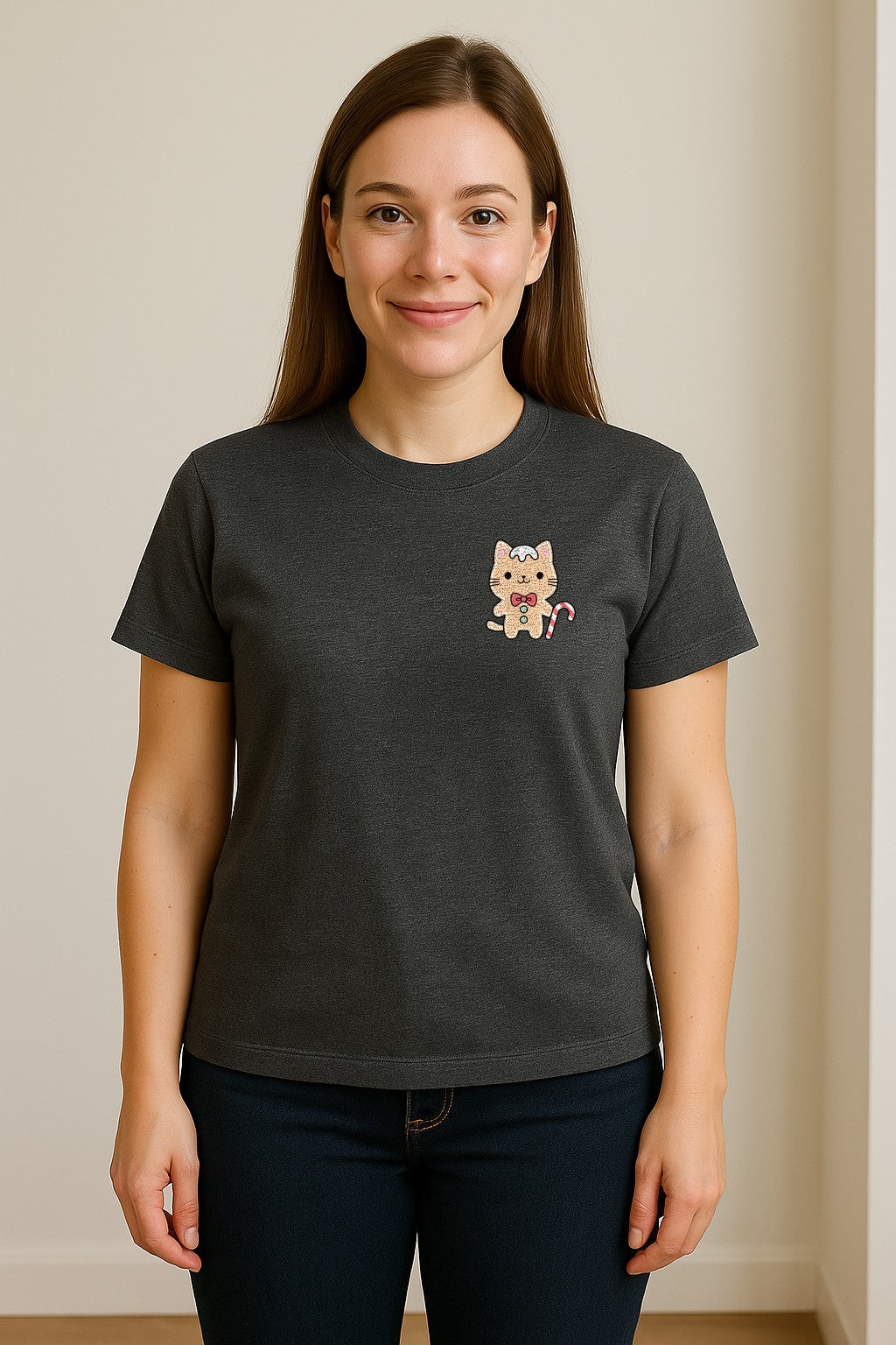 Gingerbread Cat T-Shirt, Kawaii Kitty Holiday Small Left Chest Graphic for Christmas Parties