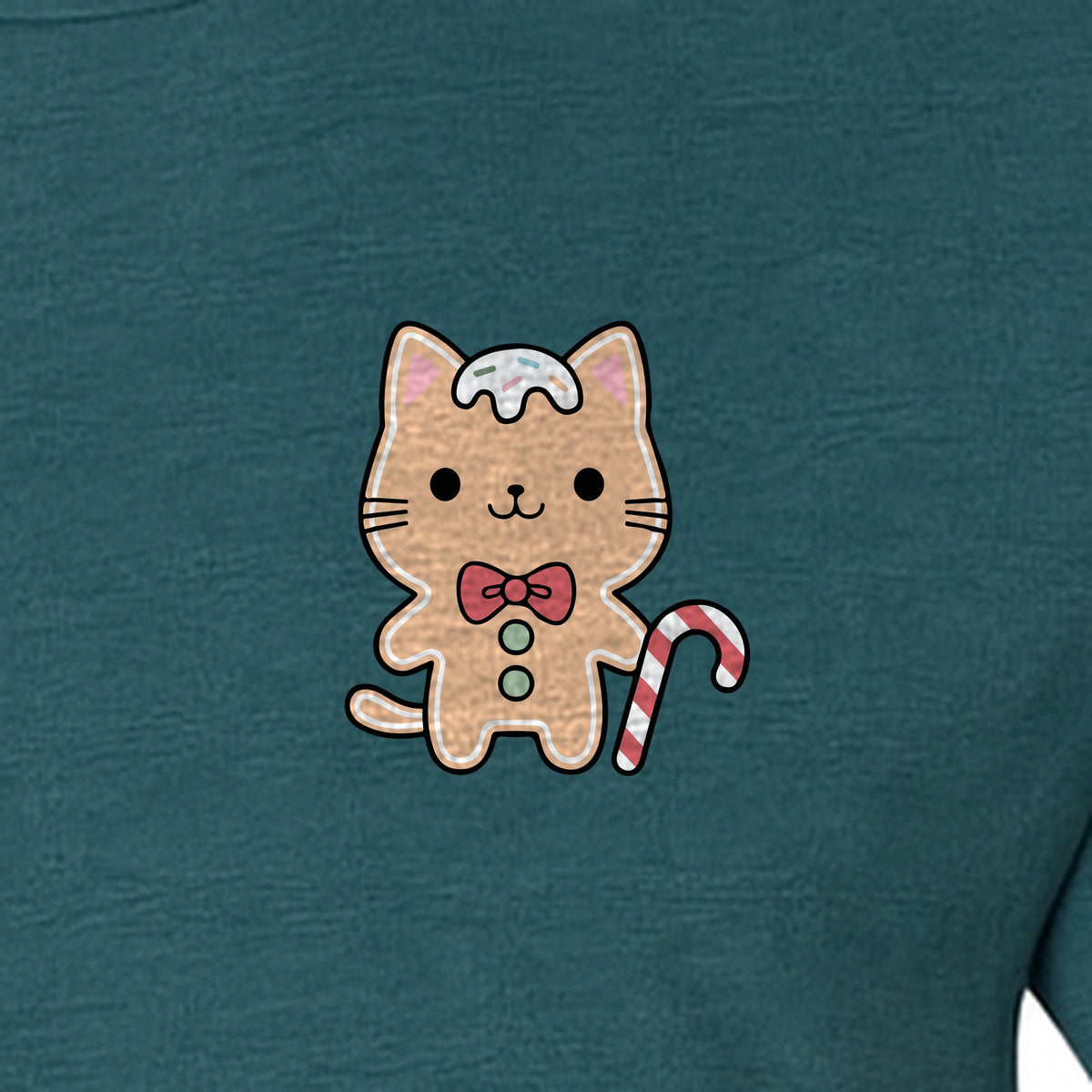 Gingerbread Cat T-Shirt, Kawaii Kitty Holiday Small Left Chest Graphic for Christmas Parties