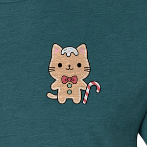 Gingerbread Cat T-Shirt, Kawaii Kitty Holiday Small Left Chest Graphic for Christmas Parties