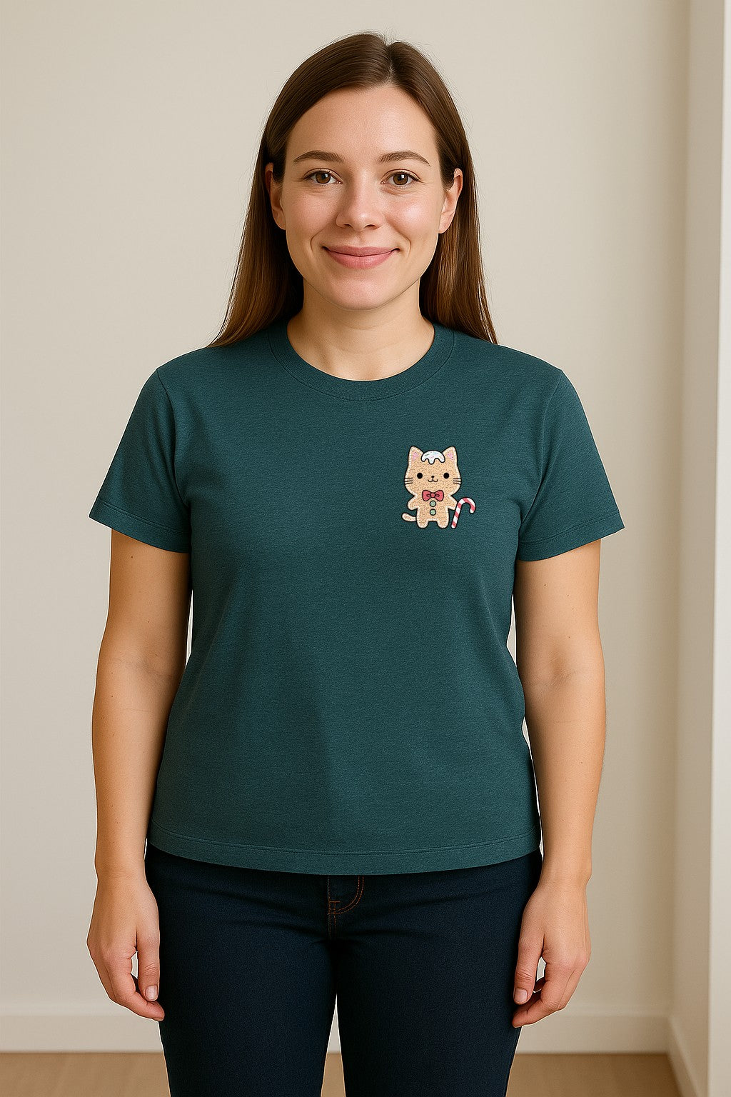 Gingerbread Cat T-Shirt, Kawaii Kitty Holiday Small Left Chest Graphic for Christmas Parties