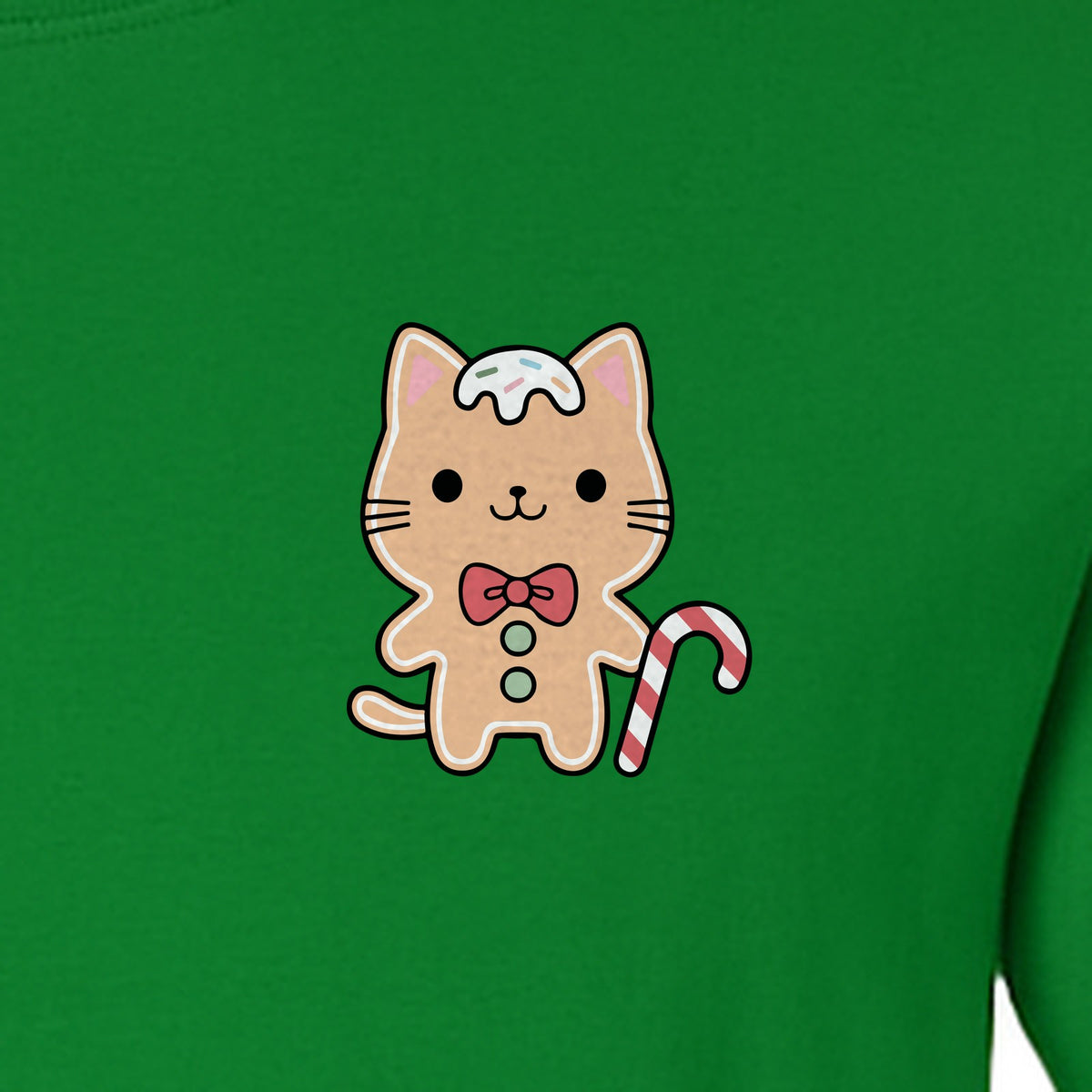 Gingerbread Cat T-Shirt, Kawaii Kitty Holiday Small Left Chest Graphic for Christmas Parties