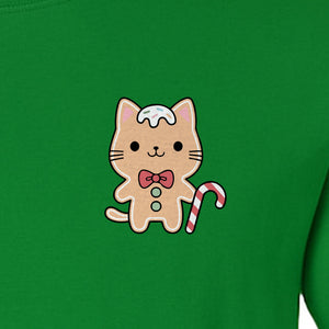Gingerbread Cat T-Shirt, Kawaii Kitty Holiday Small Left Chest Graphic for Christmas Parties