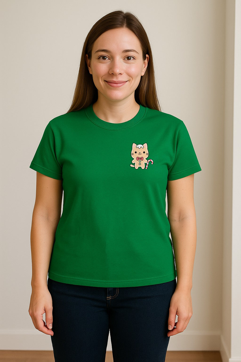 Gingerbread Cat T-Shirt, Kawaii Kitty Holiday Small Left Chest Graphic for Christmas Parties