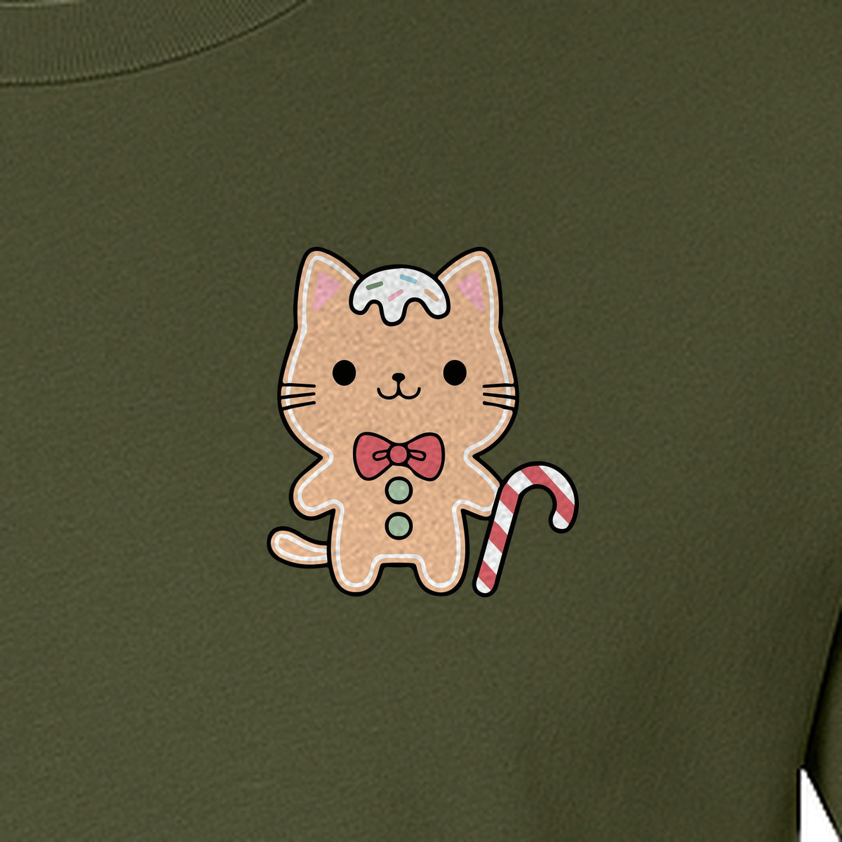 Gingerbread Cat T-Shirt, Kawaii Kitty Holiday Small Left Chest Graphic for Christmas Parties