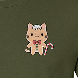 Gingerbread Cat T-Shirt, Kawaii Kitty Holiday Small Left Chest Graphic for Christmas Parties