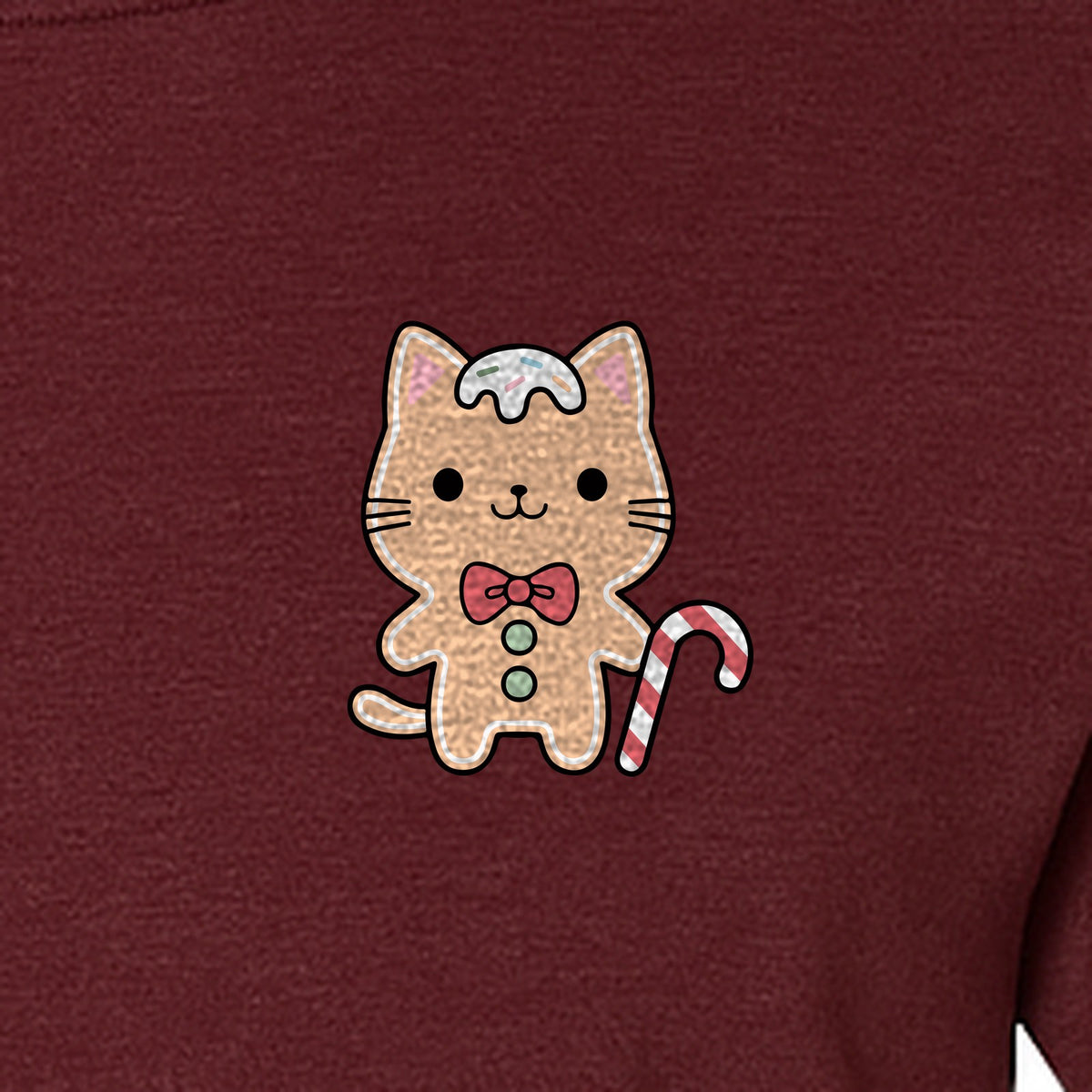 Gingerbread Cat T-Shirt, Kawaii Kitty Holiday Small Left Chest Graphic for Christmas Parties
