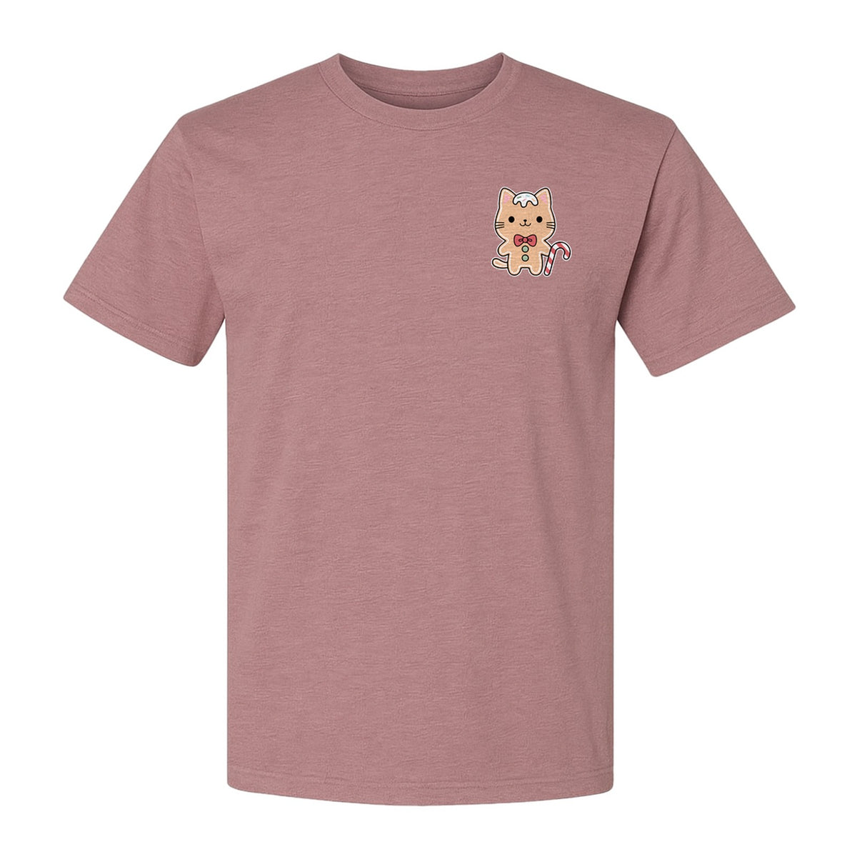 Gingerbread Cat T-Shirt, Kawaii Kitty Holiday Small Left Chest Graphic for Christmas Parties