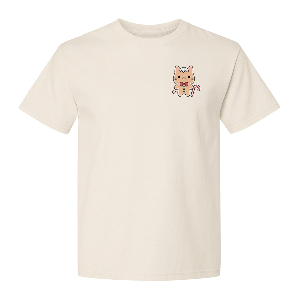 Gingerbread Cat T-Shirt, Kawaii Kitty Holiday Small Left Chest Graphic for Christmas Parties