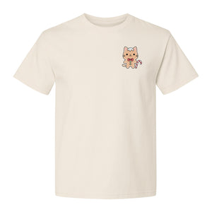 Gingerbread Cat T-Shirt, Kawaii Kitty Holiday Small Left Chest Graphic for Christmas Parties