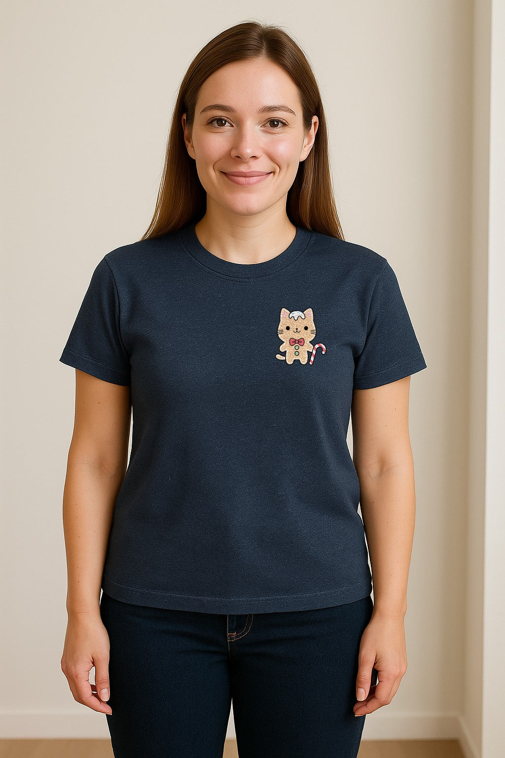 Gingerbread Cat T-Shirt, Kawaii Kitty Holiday Small Left Chest Graphic for Christmas Parties