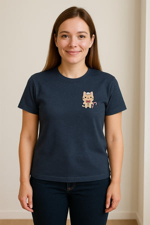 Gingerbread Cat T-Shirt, Kawaii Kitty Holiday Small Left Chest Graphic for Christmas Parties