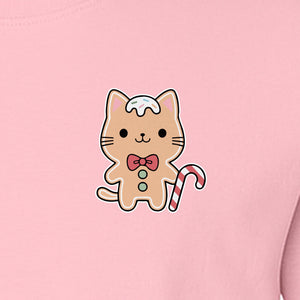 Gingerbread Cat T-Shirt, Kawaii Kitty Holiday Small Left Chest Graphic for Christmas Parties